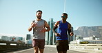 Running, friends and men in morning, exercise and routine for wellness, fitness and teamwork in city. Outdoor, personal trainer and workout for athlete, active and training for sports or healthy