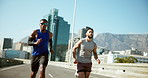 Men, together and running on bridge for fitness with training for marathon, competition or race in city. Athlete, town and partner for workout, challenge and fast for exercise on urban road in summer