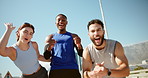 City, excited and face of friends for fitness, exercise and training with goals, success and motivation. Happy, runner team and portrait of men and woman for wellness, health and workout in town