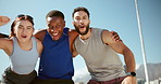 City, happy and face of friends for fitness, exercise and training with goals, success and motivation. Celebrate, runner team and portrait of men and woman for wellness, health and workout in town