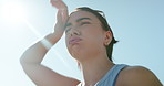 Woman, exercise and tired with sweat, outdoor and low angle with sky, break and breathing in summer. Girl, exhausted and fatigue with burnout, rest and training to prepare for marathon in Argentina