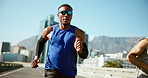 Man, running and sunglasses on bridge for fitness with training for marathon, competition or race in city. Athlete, town and partner for workout, challenge and fast for exercise on road in summer