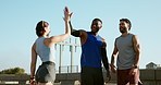 Running, people and friends with watch, high five and check time for exercise with fitness. Urban, athlete and runner with break for workout, training and wellness for healthcare endurance challenge