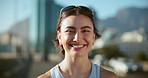 Fitness, happy and portrait of woman in city for exercise, marathon training and workout outdoors. Sports, runner and person for wellness, performance and challenge in morning for endurance in town