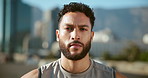 Fitness, breathe and portrait of man in city for exercise, marathon training and workout outdoors. Sports, runner and person for wellness, performance and challenge in morning for endurance in town