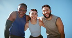 City, hug and face of friends for fitness, exercise and training with goals, success and motivation. Happy, runner team and portrait of men and woman celebrate for wellness, health or workout in town