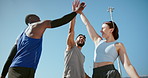 People, high five and group for fitness, city or circle with sky, support or low angle in summer. Men, woman and excited with friends, team and workout with celebration, goal or exercise for wellness