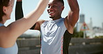 Running, people and friends with high five, watch check and goal for exercise with fitness. Urban, athlete and runner with celebration for workout, training and wellness for healthcare and endurance
