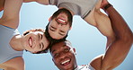People, face and below for fitness, smile and circle with hug, support and connection in summer. Men, woman and excited with friends, team and workout with link, synergy and exercise for wellness