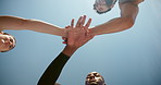 People, stack hands and fitness in low angle with smile, support and connection in summer. Men, woman and excited with friends, team and workout with motivation, synergy and exercise for wellness