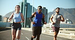 Running, fitness and group in morning, speed and routine for wellness, exercise or teamwork in city. Outdoor, personal trainer and workout for athlete, runner and training for sport, active or people