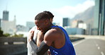 Running, men and friends with hug, support and jogging for exercise with fitness. City, athlete and runner with break for workout, training goal and wellness for healthcare endurance challenge