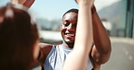 Man, woman and high five for fitness in city with smart watch for timer, speed record and achievement. People, personal trainer and happy with motivation, goal and celebration with marathon training