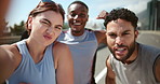 City, happy and selfie of people for fitness, exercise and training for memory, post and picture. Social media, runner friends and portrait of men and woman for wellness, health and workout in town