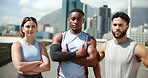 People, face and arms crossed in city for fitness with friends, solidarity or outdoor for workout in summer. Men, woman and group in portrait, support or sport on urban bridge for marathon training