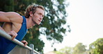 Fitness, thinking and man in city for push up, workout and exercise for active health or strong core. Incline movement, balance or athlete on bar for outdoor training, wellness ideas or muscle growth