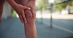 Fitness, hands and knee pain of injury outdoor with joint ache, running accident and muscle sprain. Athlete, person and exercise mistake with leg tension, inflammation and bone fracture on sidewalk