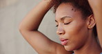 Fitness, tired and athlete with resting outdoor for running break, breathing exercise and training recovery. Runner, african person and relax for cardio challenge, marathon and workout performance