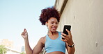 Woman, dance and earphones with phone for fitness break, listening to music and streaming podcast. African, person and movement rhythm with mobile playlist, online subscription and fun entertainment