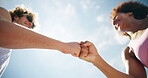 Below, fist bump and interracial couple for fitness, exercise and training for bonding. Celebration, support and man with woman for runner, workout and wellness for health and marathon endurance