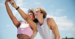 Fitness, exercise and couple with selfie outdoor for training memory, social media post and workout update. Interracial people, happy and photography on rooftop for wellness blog and running support