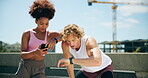 Runner, interracial couple and break with watch, check time and jogging for exercise with fitness. City, athlete and running with phone for workout, training and wellness for endurance challenge
