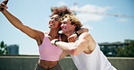 Fitness, happy and couple with exercise selfie in city for workout update, content creation and running celebration. Interracial people, laughing and training vlog outdoor for wellness and bonding