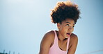 Tired, African woman and break in stadium for fitness, breathing exercise or cardio wellness. Below, athlete and outdoor with fatigue for calm, running activity or training rest with space in Nigeria