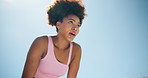 Sweat, African woman and outdoor with break for fitness, breathing exercise or cardio wellness. Below, athlete and tired in city for calm, running activity or training rest with space in Nigeria