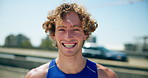 Face, fitness or man in city, smile or wellness with confidence, pride or training. Portrait, healthy person or athlete in street, exercise or routine with challenge, runner and happiness in New York
