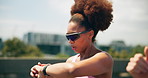 Interracial couple, smart watch and running for workout, exercise or fitness goals together in urban town. Man, woman and training with cardio, sports or marathon for endurance and health or wellness