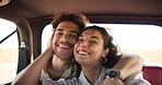 Happy couple, selfie and face in car for road trip, holiday travel and love in relationship. Man, woman and hug on journey for photography, social media update or live stream POV for content creation