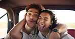 Couple, selfie and crazy face in car for road trip, holiday travel or love in relationship. Man, woman and excited on journey for photography fun, social media or live stream POV for content creation