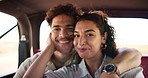 Face, couple and laugh on road trip for selfie, holiday travel and relationship in car. Man, woman and excited on journey for photography, social media update or live stream POV for content creation