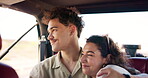 Road trip, hug and couple in car, journey and bonding with partner in transport, window and holiday. Embrace, man and woman in vehicle for vacation, travel and happy for scenery on date or people