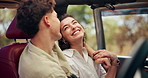 Road trip, happy and couple in car talking for travel on holiday, vacation and adventure for honeymoon. Countryside, destination and man and woman laugh in vehicle for transport, journey and driving