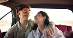 Happy couple, hug and love in car for road trip, holiday travel and support with care in relationship. Man, woman and relax on journey for comfort, bonding and long adventure with trust or commitment
