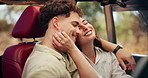 Road trip, happy and couple hug in car for travel on holiday, vacation and adventure for honeymoon. Countryside, destination and man and woman talking in vehicle for transport, journey and driving