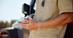 Hands, travel and man with smartphone, bad network and connection issue with vacation. Closeup, mobile user and person with vehicle, cellphone and fail with direction, glitch and 404 error with break