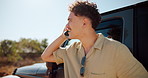 Signal, man and phone call for car breakdown with connection fail, road trip disaster and stress. Person, anxiety and speaking to insurance agent for roadside assistance, fuel issue and bad service