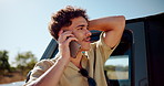 Man, phone call and stress for car breakdown outdoor with travel crisis, road trip disaster and engine fail. Anxiety, person and speaking to insurance agent for roadside assistance, stuck and advice