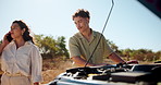 Phone call, help and couple on road trip with car for accident, crisis and vehicle emergency. Travel, transport and man and woman talking on smartphone for roadside assistance, service and insurance