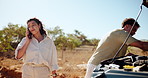 Phone call, breakdown and couple on road trip with car for accident, crisis and vehicle emergency. Travel, transport and man and woman on smartphone for roadside assistance, service and insurance