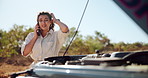 Phone call, crisis and woman with car on road for accident, breakdown and vehicle emergency. Travel, transport and person talking on smartphone for roadside assistance, help and insurance service