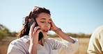 Couple, phone call and stress for vehicle breakdown outdoor with accident, road trip disaster and engine fail. People, anxiety and speaking to insurance agent for roadside assistance and travel risk