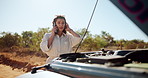 Phone call, stress and woman with car on road for accident, crisis and vehicle emergency. Travel, transport and person talking on smartphone for roadside assistance, help and breakdown service