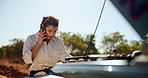 Phone call, breakdown and woman with car on road for accident, crisis and vehicle emergency. Travel, transport and person talking on smartphone for roadside assistance, help and insurance service
