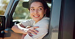 Window, road trip and woman with smile, car and excited for tourism in vehicle, journey or holiday. Thinking, tourist and person in transport for commuting, travel or girl on vacation for exploration