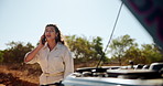 Phone call, emergency and woman with car on road for accident, crisis and vehicle breakdown. Travel, transport and person talking on smartphone for roadside assistance, help and insurance service