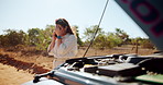 Phone call, worry and woman with car on road for accident, crisis and vehicle emergency. Travel, transport and stressed person talking on smartphone for roadside assistance, help or insurance service